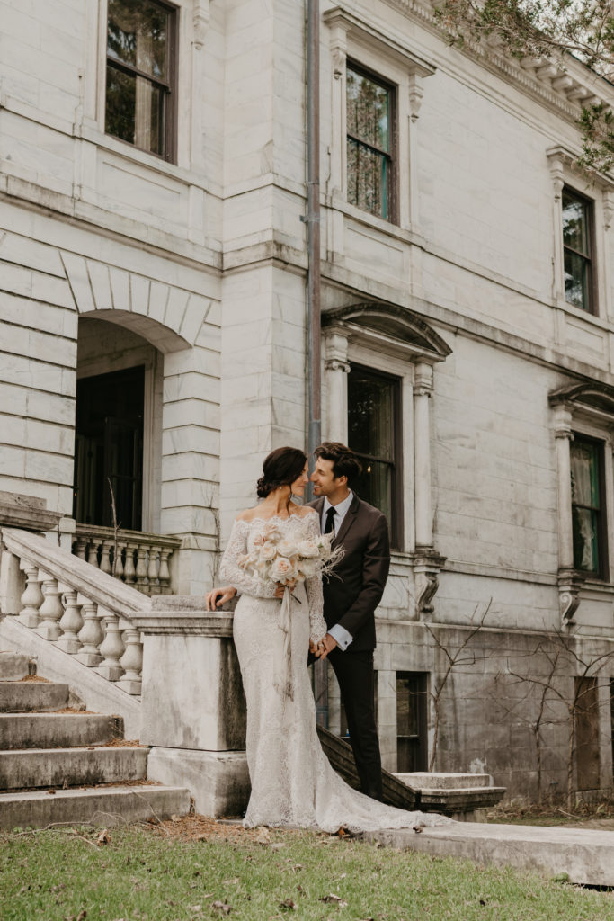 A modern couple's wedding photo on their wedding day.