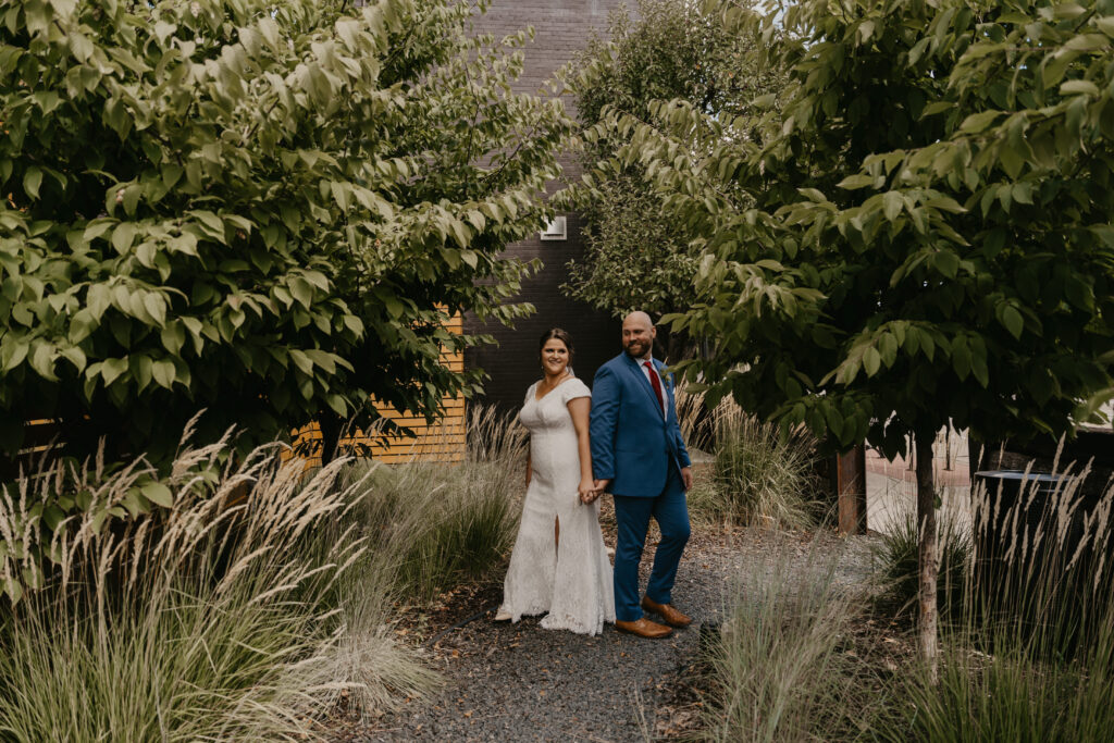 A first look between the bride and groom 